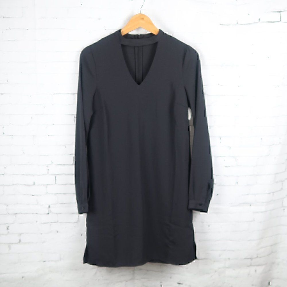 VERO MODA BLACK LONG SLEEVE V CUT OUT MIDI SHIFT DRESS SIZE XS 